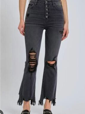 HIDDEN Jeans Womens 27 Black High Rise Button Fly Crop Flare Distressed Stretch